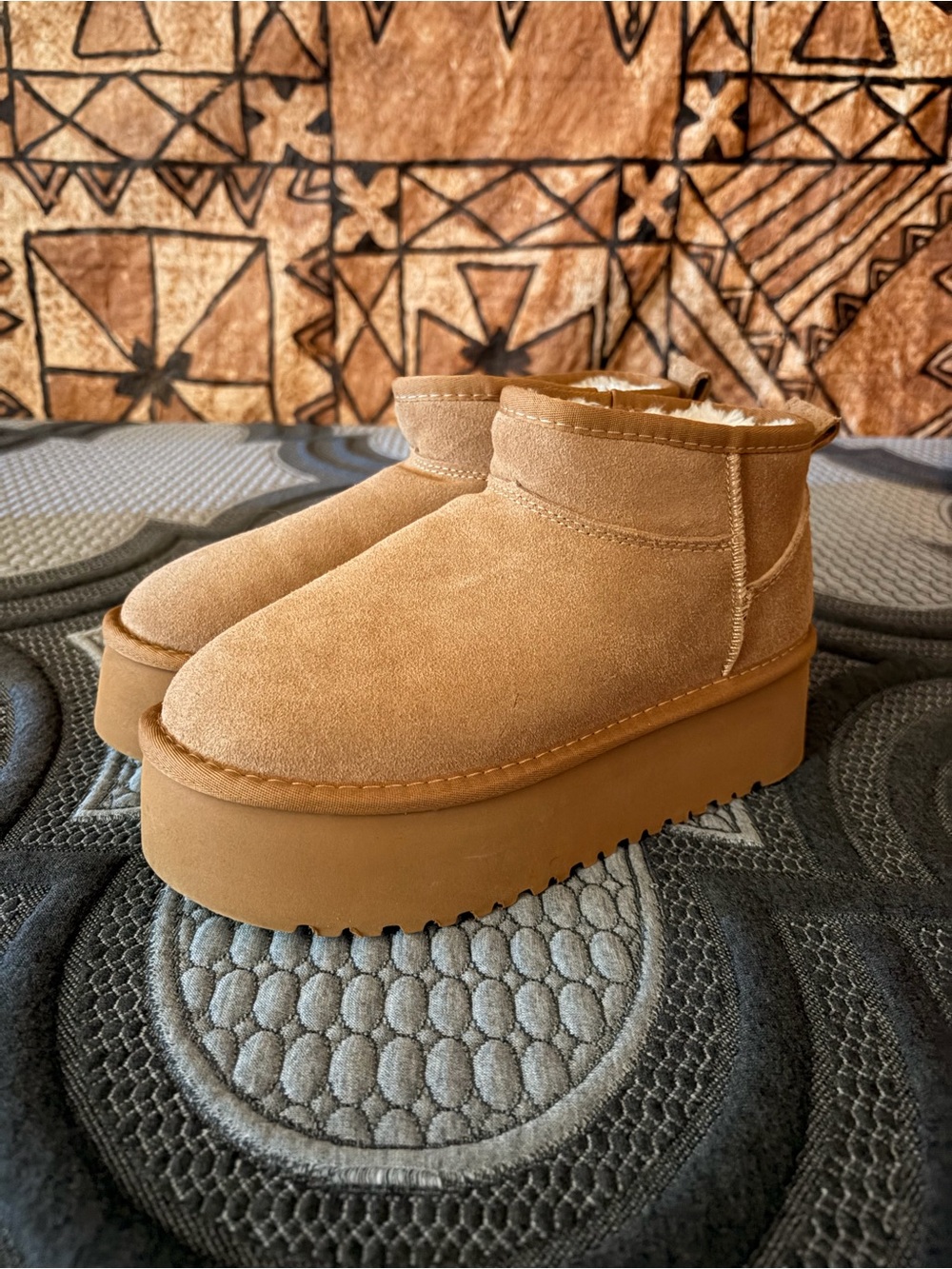 UGG Chestnut Suede Platform Shearling Slip-On Ankle Boots
